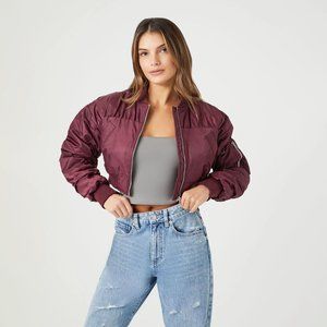 Forever 21 Burgundy Ruched-Sleeve Cropped Bomber Jacket